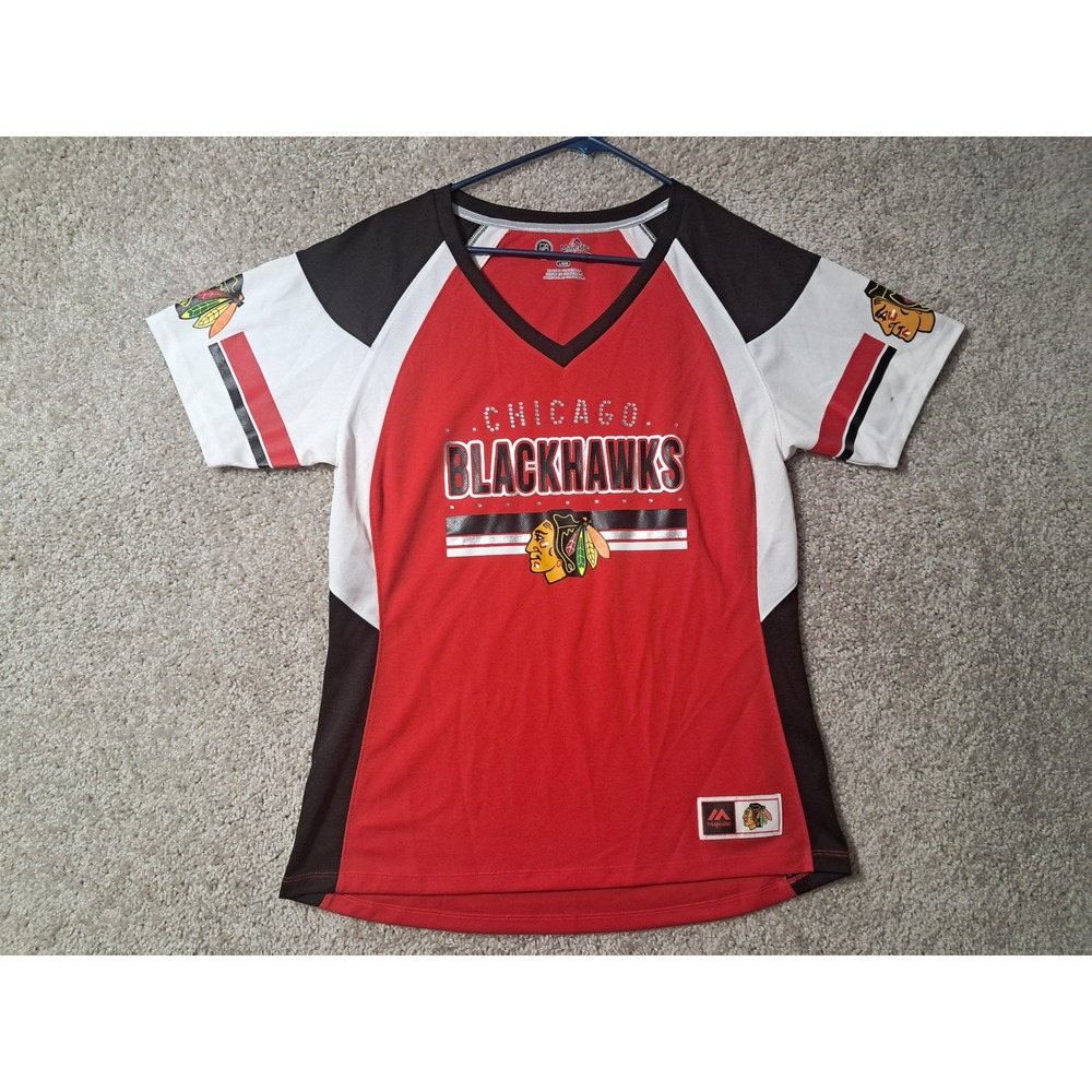 Chicago Blackhawks Majestic Jersey Women Large Red V-Neck Rhinestone Mesh Top